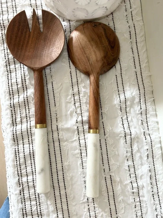Wood & Marble Salad Server Set White Handles Brass Band - Picture 2 of 4